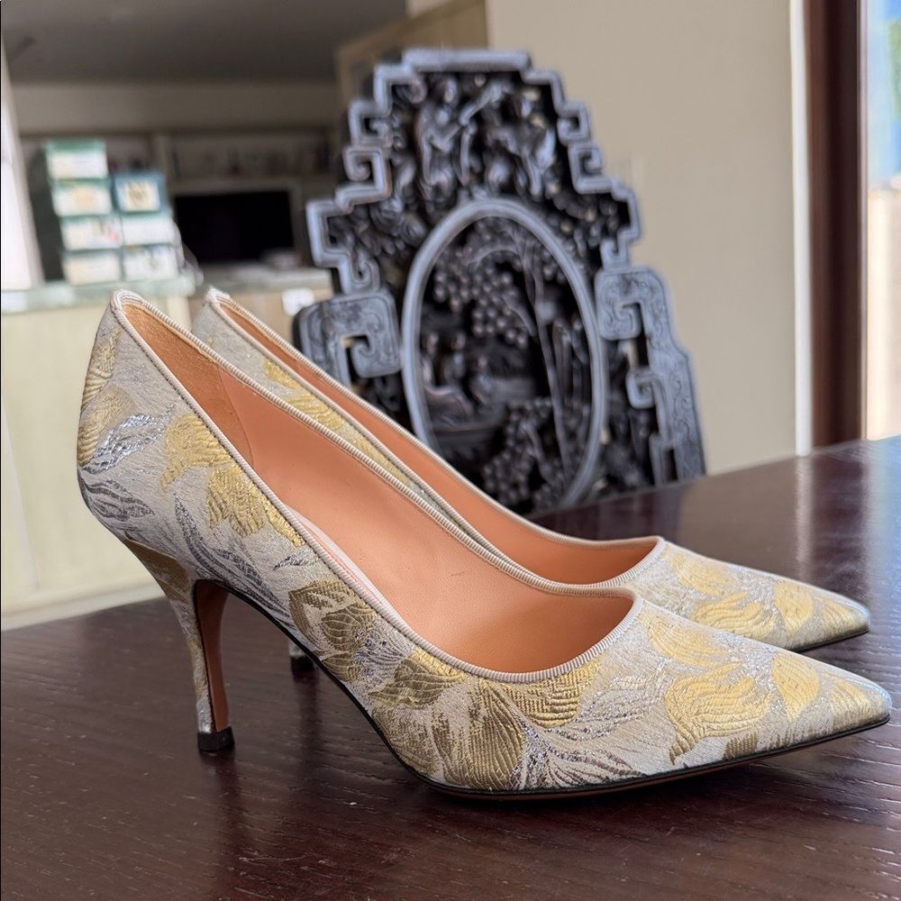 Palter Deliso vintage retro Women's Heels with Gold and Silver Floral Design